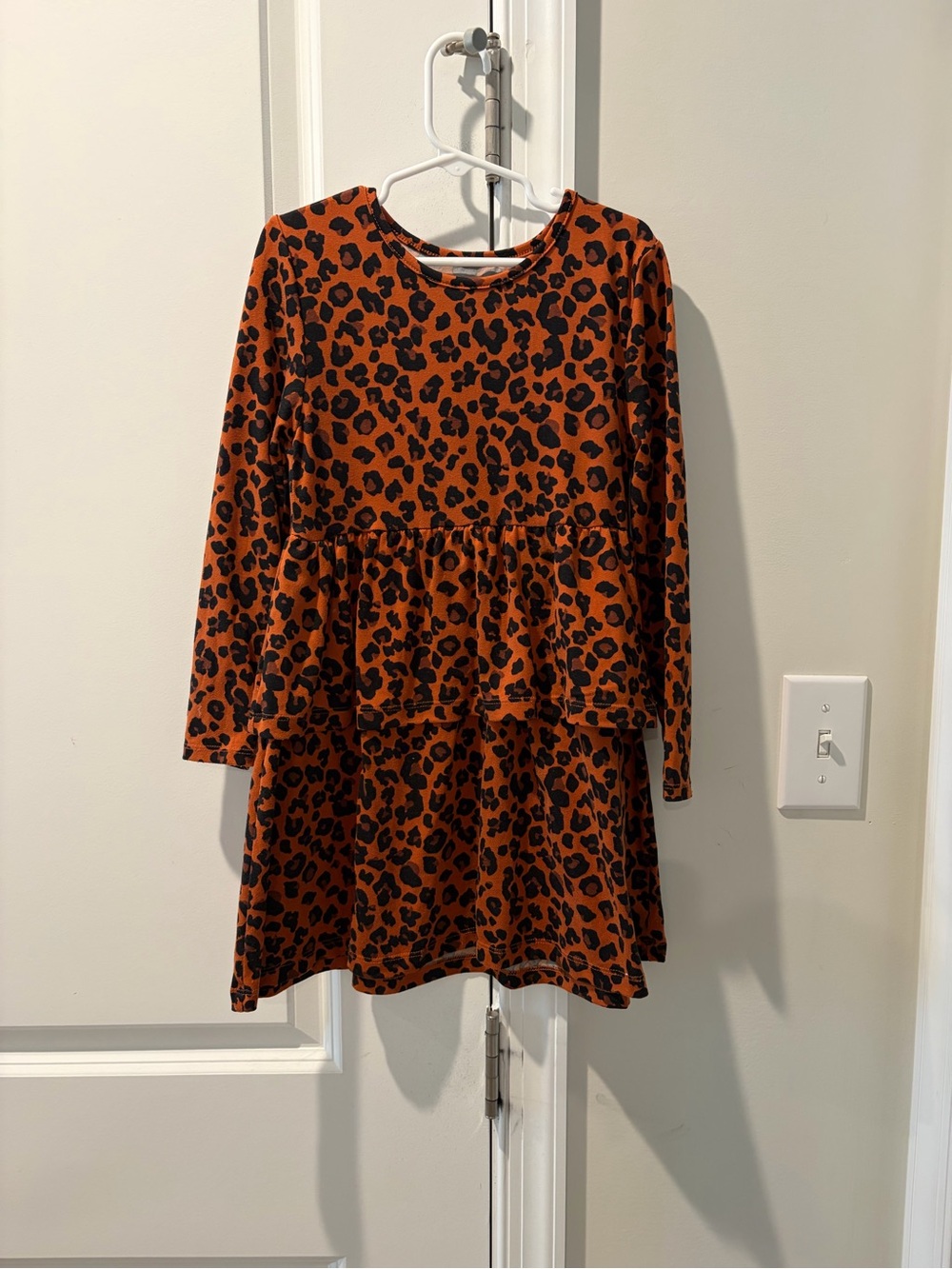 Girls' Long Sleeve Orange Leopard Print Peplum Dress
